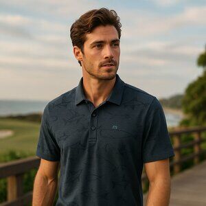 TRAVIS MATHEW Men's Flying Fish Whale Print Polo Shirt Blue